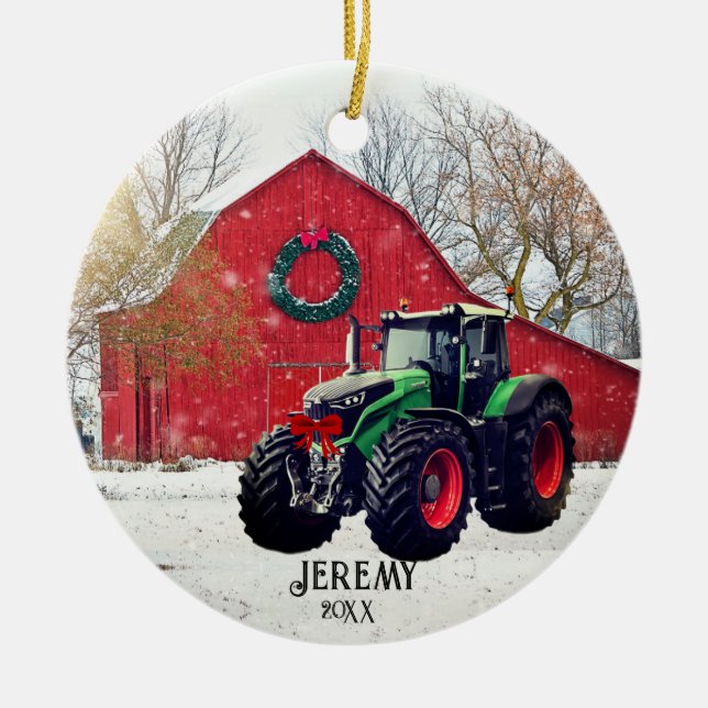 Moderner Green Traktor "Christmas 20XX" Keramik Ornament (Vorne)
