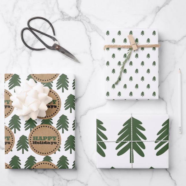 Moderner Grün-Weiß-Weihnachtsbaum Geschenkpapier Set (Vorderseite)