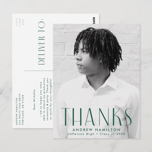 Moderner grüner Foto Abschluss Vielen Dank Postkarte (Vorne/Hinten)