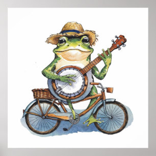 Moderner, grüner Frosch mit Gitarre auf dem Rad Poster