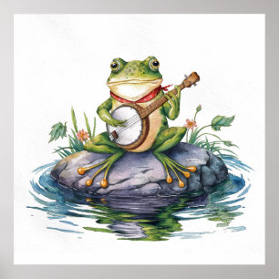 Moderner, grüner Frosch mit Gitarre auf Rock 2 Poster