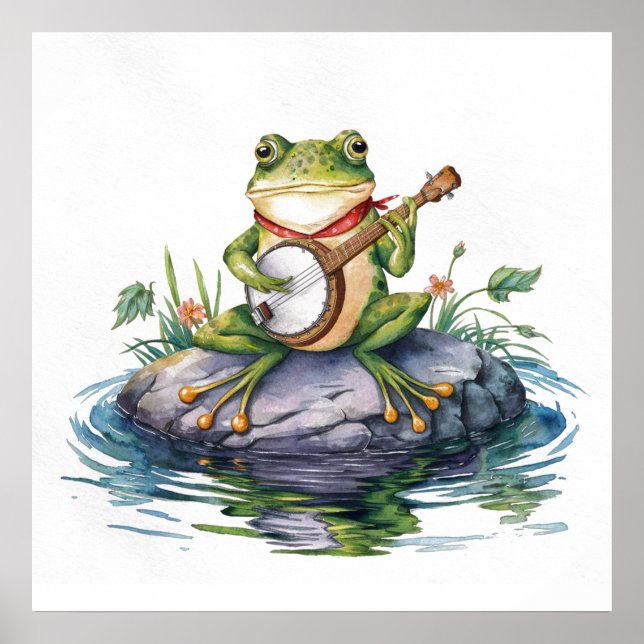 Moderner, grüner Frosch mit Gitarre auf Rock 2 Poster (Vorne)