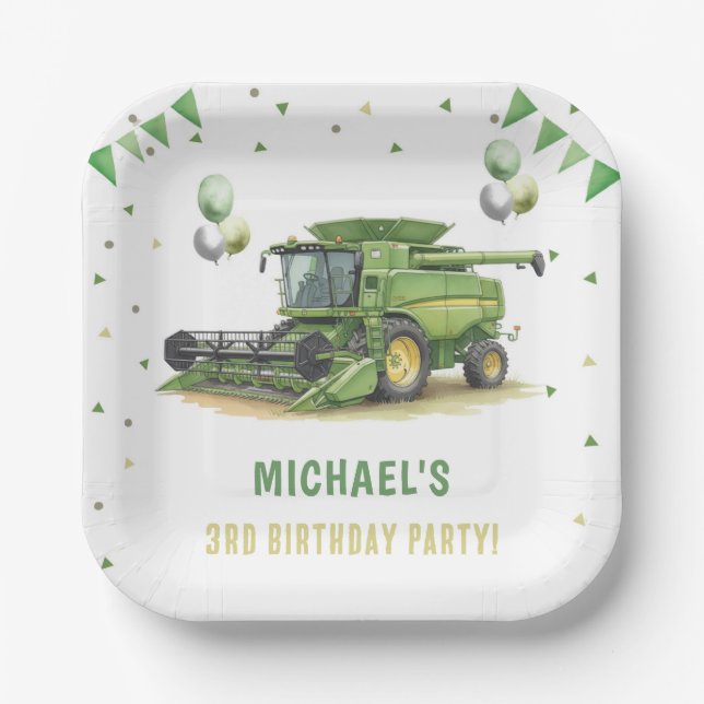 Moderner grüner Landwirtstraktor 3. Geburtstag Pappteller (Vorderseite)