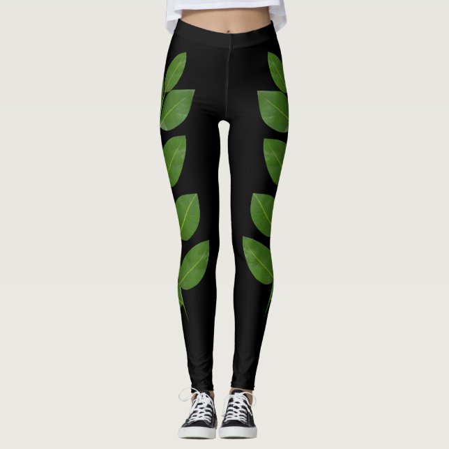 Moderner Grüner Laurel Verlasse auf Schwarz Leggings (Vorderseite)