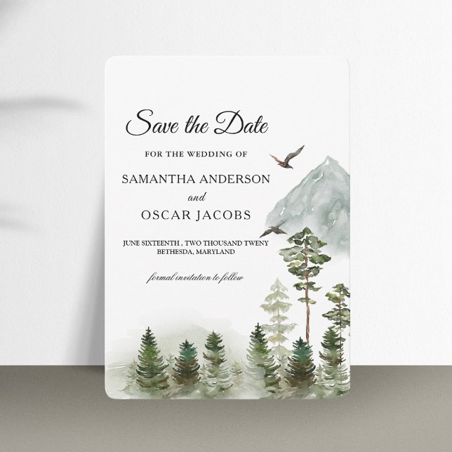 Moderner Grünwald | Aquarellbäume Save The Date (Von Creator hochgeladen)