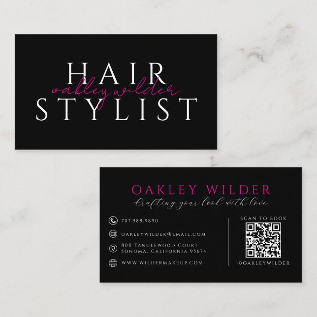 Moderner Haarstylist Schwarz Rosa QR-Code  Visitenkarte (Vorne/Hinten)