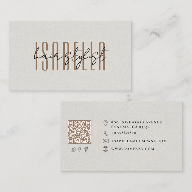 Moderner Hairstylist Faux-Leinen-Script Visitenkarte (Vorne/Hinten)