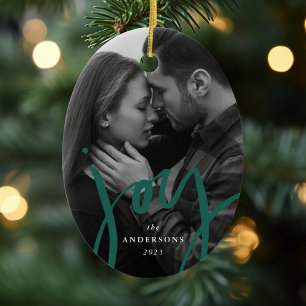 Moderner, handgeschriebener Joy Green Foto Urlaub Keramik Ornament