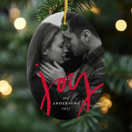 Moderner, handgeschriebener Joy Red Foto Holiday Keramik Ornament