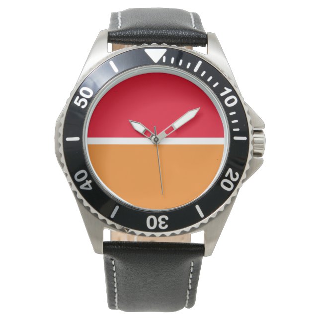 Moderner, hellroter orangefarbener weißer Farbbloc Armbanduhr (Vorderseite)