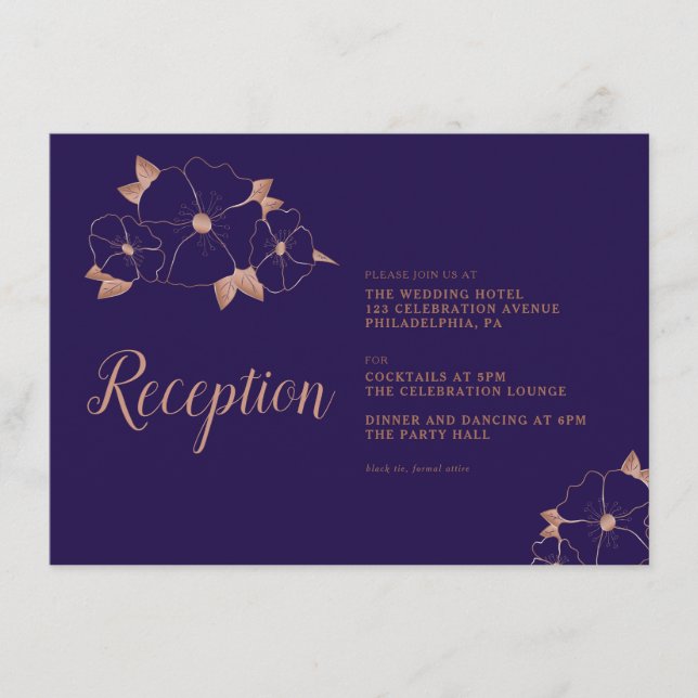 Moderner Hochzeitsempfang mit Kupfer und blauen Bl Begleitkarte (Vorderseite)