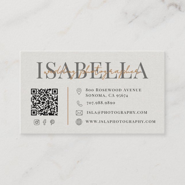Moderner Hochzeitsfotograf QR-Code Visitenkarte (Vorderseite)