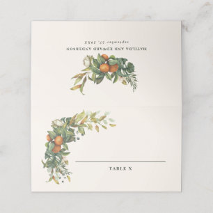 Moderner Hochzeitstisch Zitrusfrüchte Orangenblüte Platzkarte