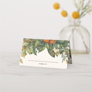 Moderner Hochzeitstisch Zitrusfrüchte Orangenblüte Platzkarte