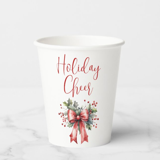 Moderner Holiday Cheer Script Red Bow Holly Pappbecher (Vorderseite)