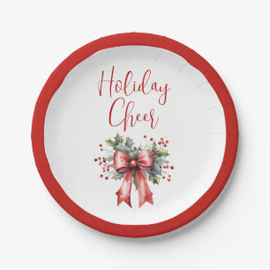 Moderner Holiday Cheer Script Red Bow Holly Pappteller