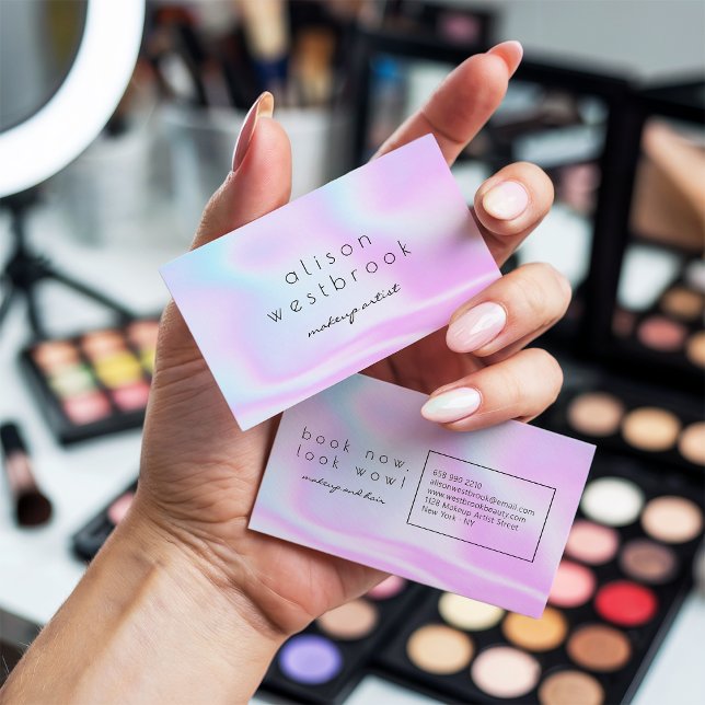 Moderner holografischer Makeup-Künstler rosa Regen Visitenkarte (Modern holographic makeup artist pink rainbow)