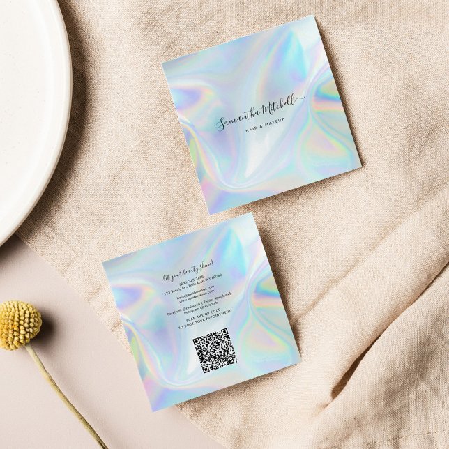 Moderner Holografischer QR Code Beautician Salon Quadratische Visitenkarte (Holographic Square Mini Hair Stylists Business Card)