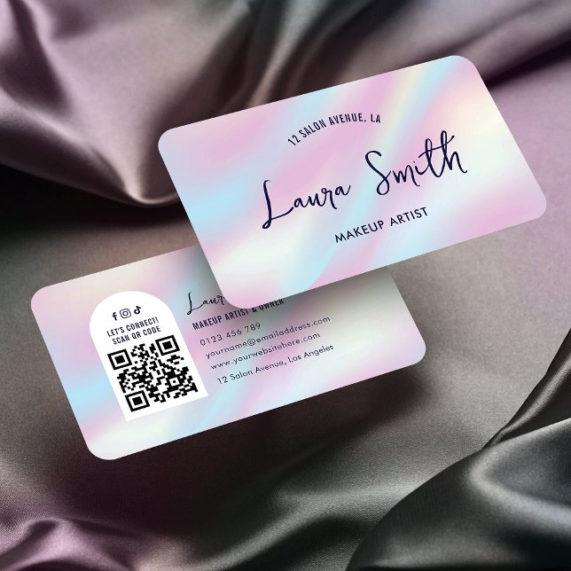 Moderner holografischer QR Code Makeup Lash Salon  Visitenkarte (Trendy QR code business cards with holographic effect background and trendy fonts)