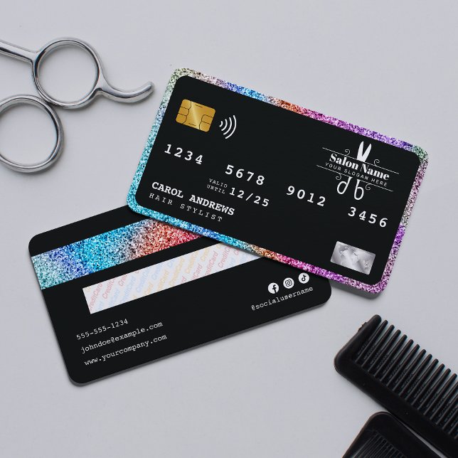 Moderner Holographic Glitzer Credit Card Hair Salo Visitenkarte (Von Creator hochgeladen)