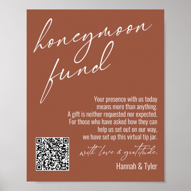 Moderner Honeymoon Fund QR Code Terracotta Sign Poster (Vorne)