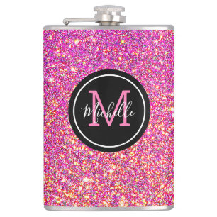 Moderner Hot Pink Glitzer Mit Monogramm Personalis Flachmann