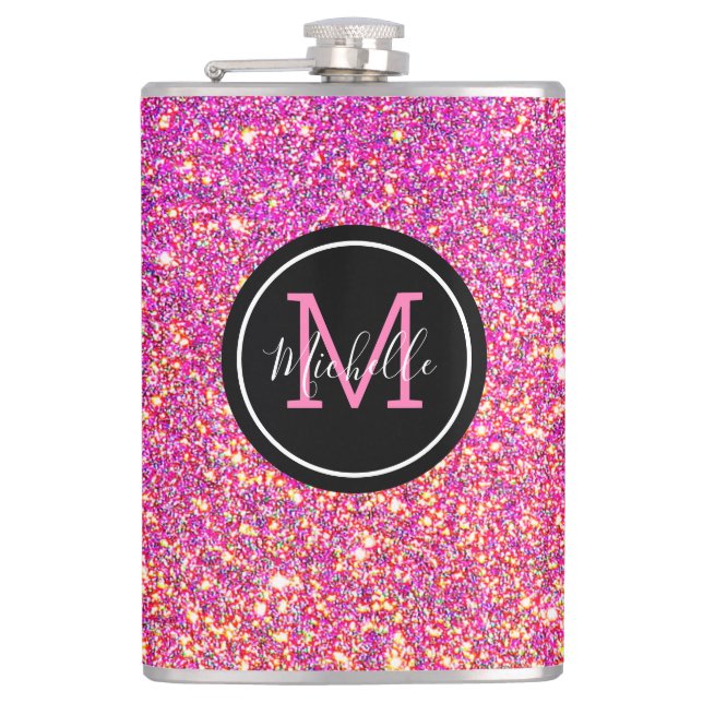Moderner Hot Pink Glitzer Mit Monogramm Personalis Flachmann (Vorderseite)