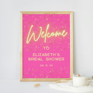 Moderner Hot Pink Neon Glow Gold Glitzer Willkomme Poster