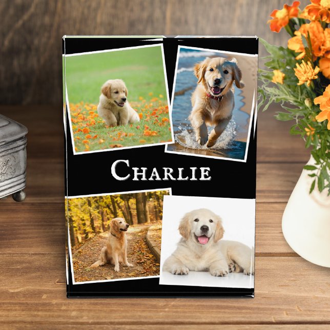 Moderner Hundehund-Collage Keepake Fotoblock (A display block featuring four favorite photos of your dog, personalized with your pet's name)