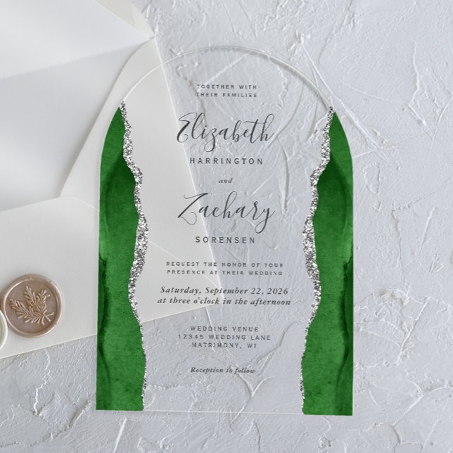 Moderner Hunter Green Silver Agate Wedding Arch Acryleinladungen (Von Creator hochgeladen)