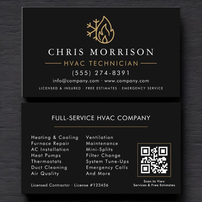 Moderner HVAC-Black-Gold-QR-Code Visitenkarte (Von Creator hochgeladen)