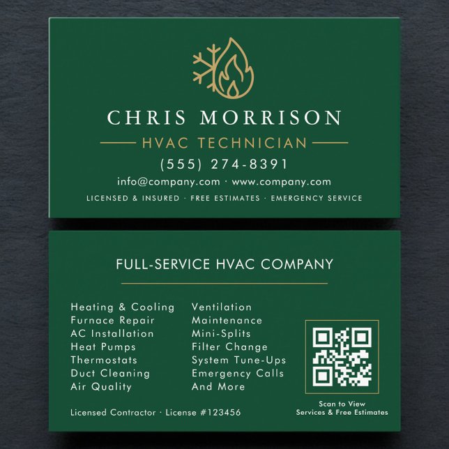 Moderner HVAC Green Gold QR-Code Visitenkarte (Von Creator hochgeladen)