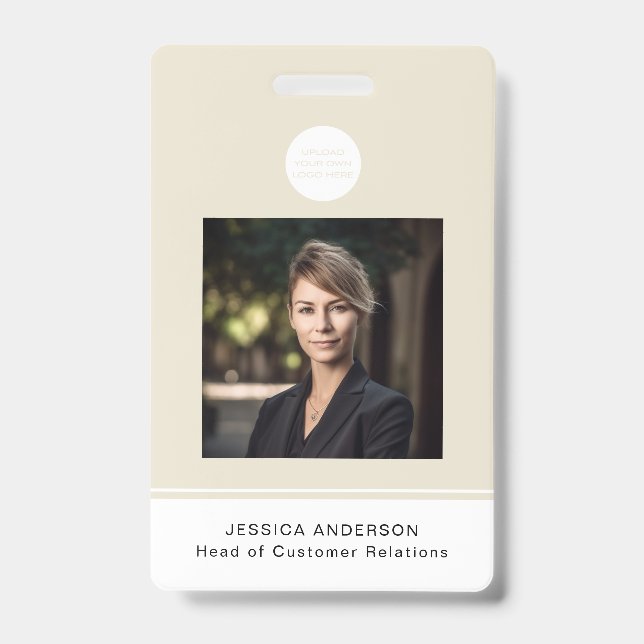 Moderner ID Card Beige Minimal Logo Foto QR Code Ausweis (Vorderseite)