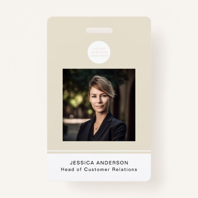 Moderner ID Card Beige Minimal Logo Foto QR Code Ausweis (Vorderseite)