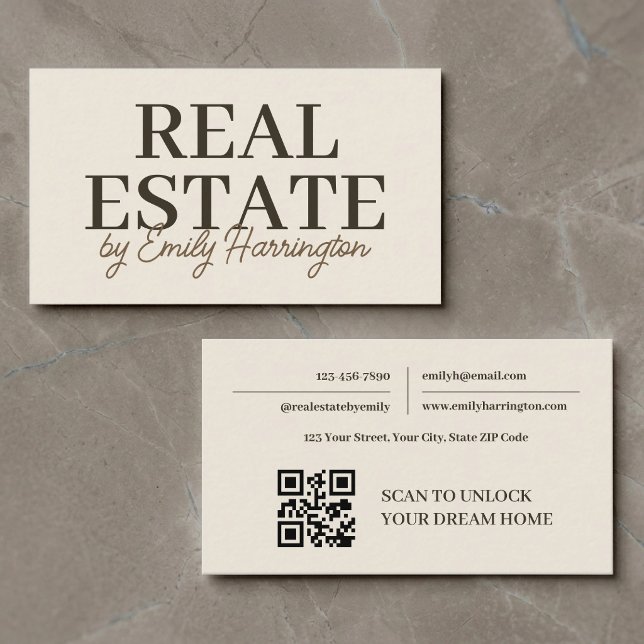 Moderner Immobilienmakler mit QR-Code im erdigen S Visitenkarte (Von Creator hochgeladen)