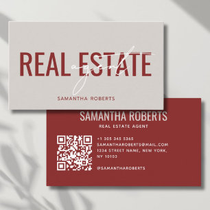 Moderner Immobilienmakler QR Code beige rot Visitenkarte