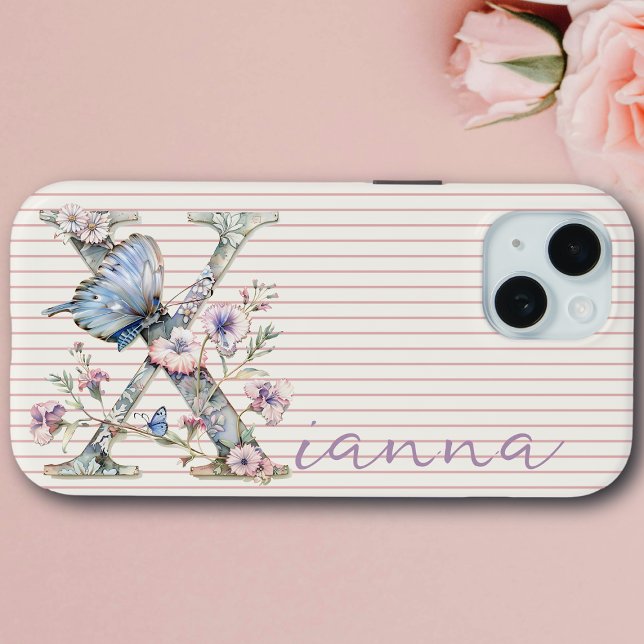 Moderner Individuelle Name Floral Butterfly Initia Case-Mate iPhone Hülle (Von Creator hochgeladen)