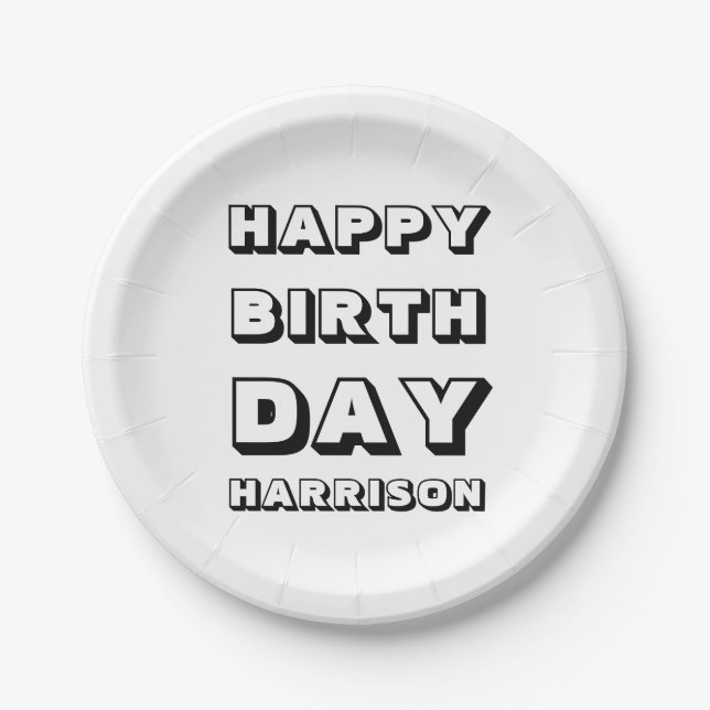 Moderner Individuelle Name Happy Birthday Schwarz- Pappteller (Vorderseite)