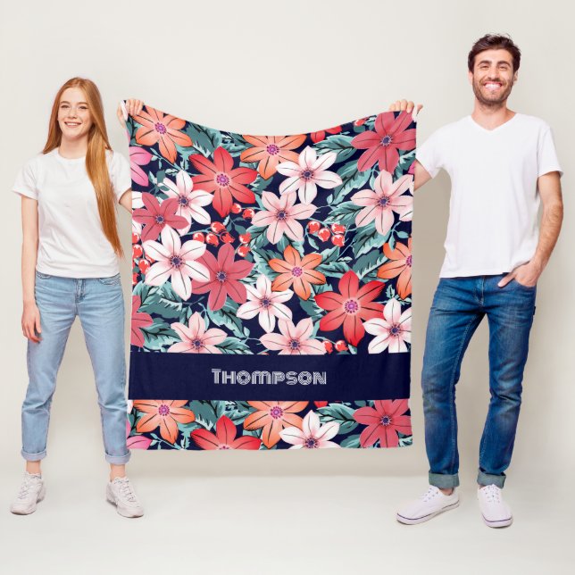 Moderner individuelle Name Navy Blumendekor Fleecedecke (Beispiel)