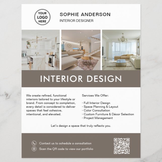 Moderner Innendesigner-Marketing Weiß-Taupe Flyer (Vorne)