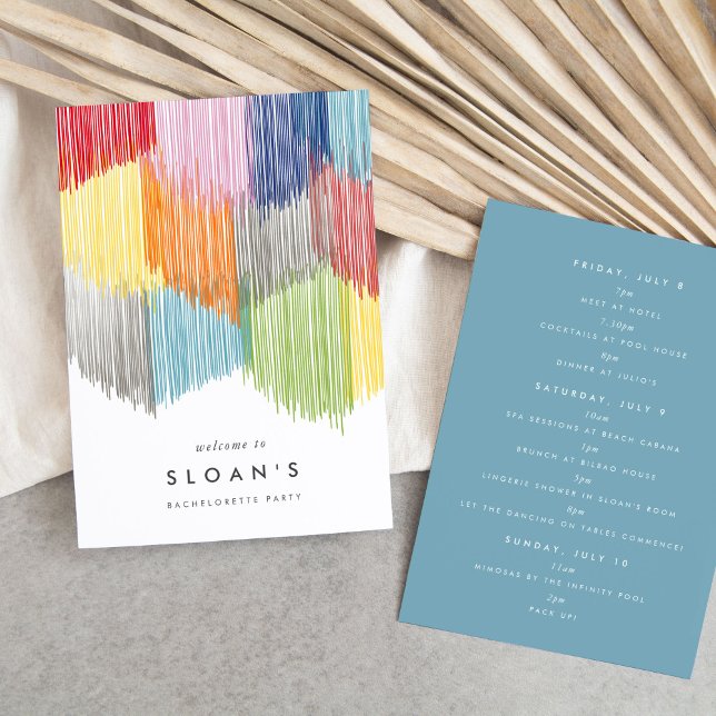 Moderner Junggeselinnen-Abschied Save The Date (Colorful rainbow modern fringe fiesta bachelorette party itinerary cards.)