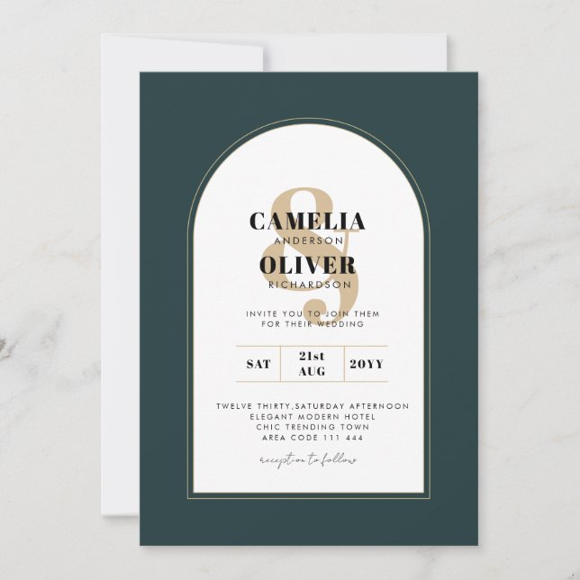 Moderner JUNIPER Green Gold Wedding INVITE QR Code Einladung (Vorderseite)