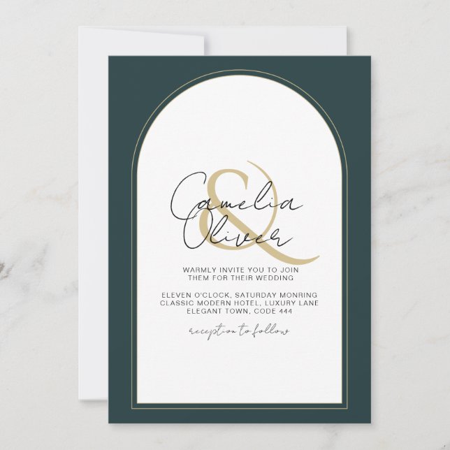 Moderner JUNIPER Green Gold Wedding INVITE QR Code Einladung (Vorderseite)