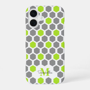Moderner Kalkgrauer Hexagon mit Name Monogram iPhone 16 Hülle