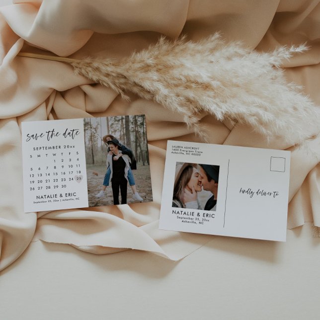 Moderner Kalligrafiekalender Save the Date Postkar Postkarte (Von Creator hochgeladen)