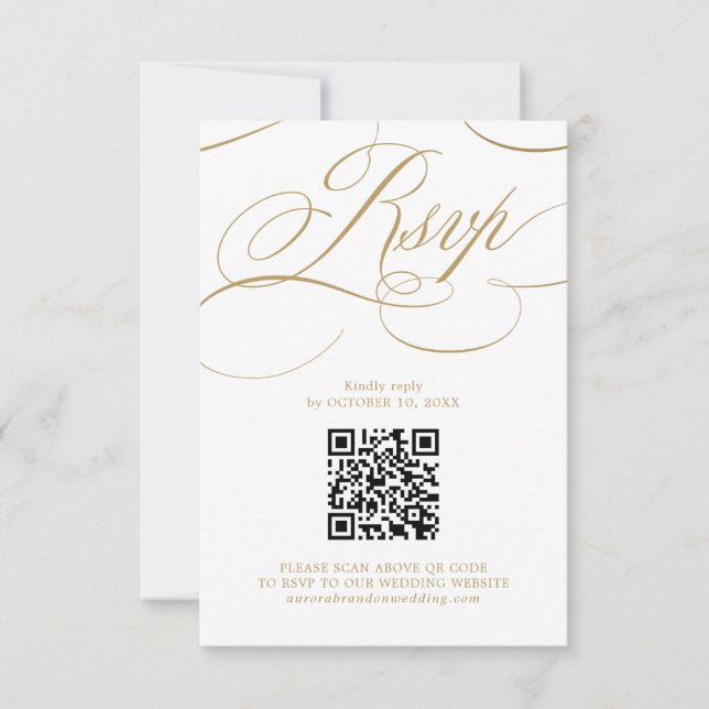 Moderner Kalligraphie zeitloser weißer Goldcode QR RSVP Karte (Vorderseite)