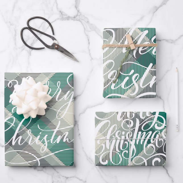 Moderner Karierter Gingham Frohe Weihnachtsfeierta Geschenkpapier Set (Vorderseite)