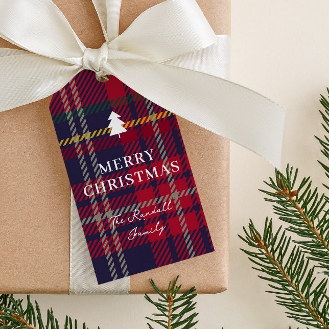 Moderner Karo-Weihnachtsbaum  Geschenkanhänger (Rustic red plaid christmas tree gift tags.)