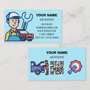Moderner KFZ-Mechaniker QR-Code Hellblau Visitenkarte