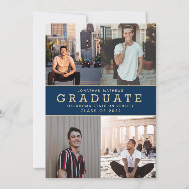 Moderner klassischer Navy Blue Gold Foto Abschluss Ankündigung (Vorderseite)